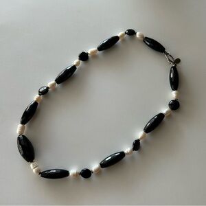 Donna Dressler Vintage Black Glass Beads Pearls Toggle Clasp Necklace